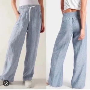 Athleta Cabo linen wide leg pants blue drawstring spring 22 size 16